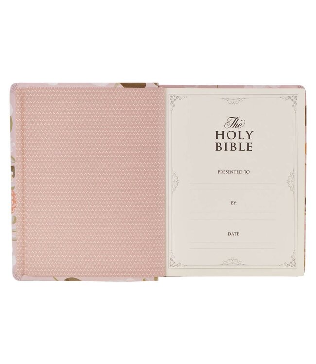 Peach Floral Margo Collection Faux Leather King James Version Note-taking Bible - Proverbs 31:25