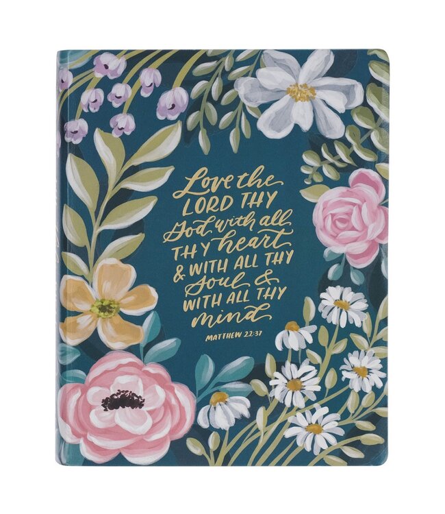 Teal Floral Ally Collection Large Print Faux Leather King James Version Note-taking Bible - Matthew 22:37