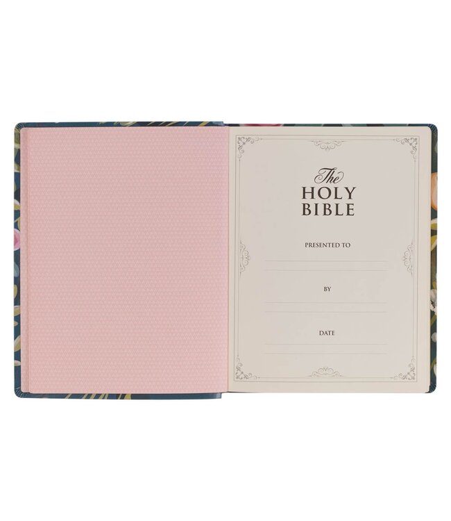 Teal Floral Ally Collection Large Print Faux Leather King James Version Note-taking Bible - Matthew 22:37