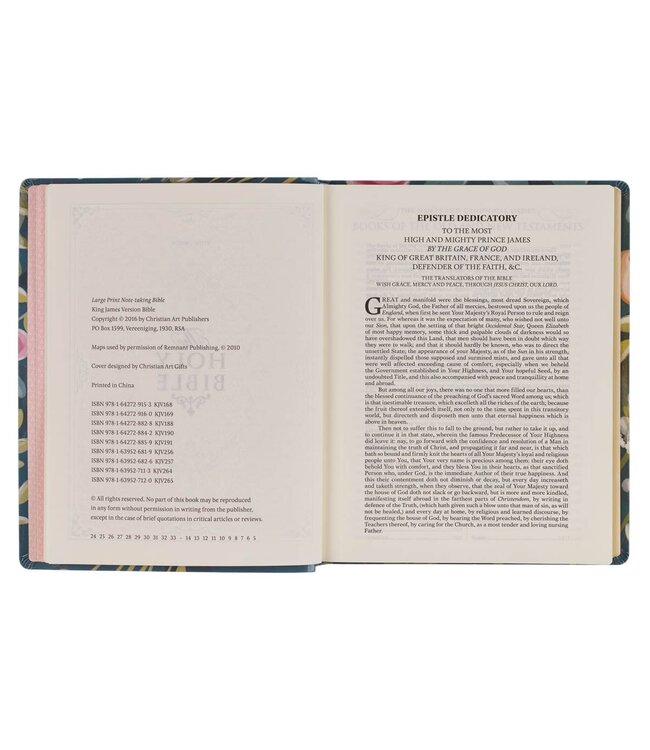 Teal Floral Ally Collection Large Print Faux Leather King James Version Note-taking Bible - Matthew 22:37