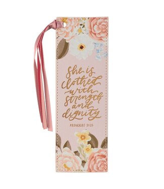 Christian Art Gifts Strength and Dignity Dahlia Pink Faux Leather Bookmark - Proverbs 31:25 | 仿皮革書簽