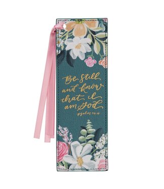 Christian Art Gifts Be Still and Know Teal Floral Faux Leather Bookmark - Psalm 46:10 Image Back | 仿皮革書簽