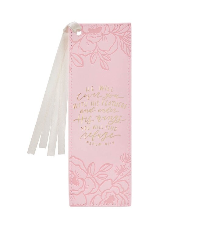 Under His Wings Pink Faux Leather Bookmark - Psalm 91:4 | 仿皮革書簽