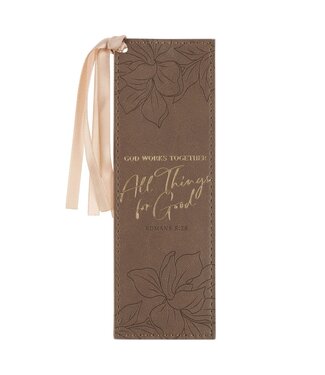 Christian Art Gifts All Things For Good Ash-Brown Faux Leather Bookmark - Romans 8:28 | 仿皮革書簽