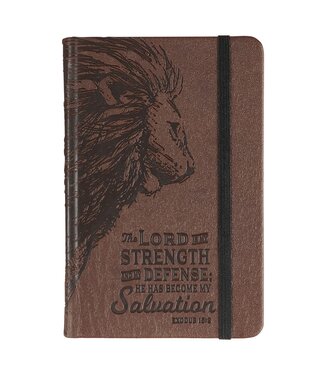 Christian Art Gifts Strength and Defense Lion Walnut-Brown Faux Leather Hardcover Notebook with Elastic Band Closure - Exodus 15:2 | 仿皮精裝筆記簿，附鬆緊帶封口