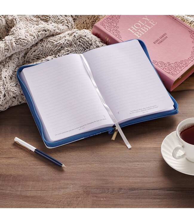 Love Blue Floral Tile Faux Leather Journal with Zipper Closure - John 3:16 | 拉鍊式仿皮面筆記本