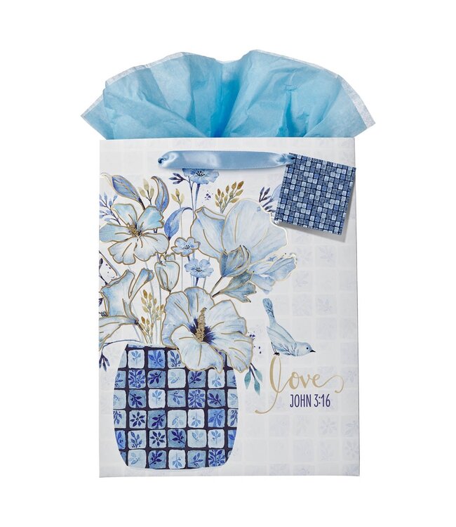 Love Blue Mosaic Tile Large Portrait Gift Bag - John 3:16 | 禮物袋——大