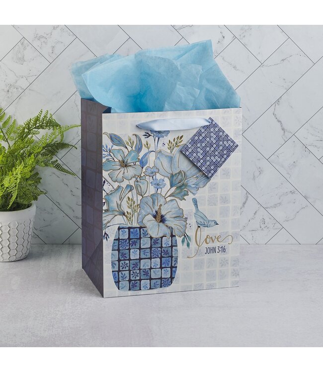 Love Blue Mosaic Tile Large Portrait Gift Bag - John 3:16 | 禮物袋——大