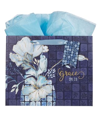Christian Art Gifts Grace Blue Floral Tile Large Landscape Gift Bag - Ephesians 2:8 | 禮物袋——大