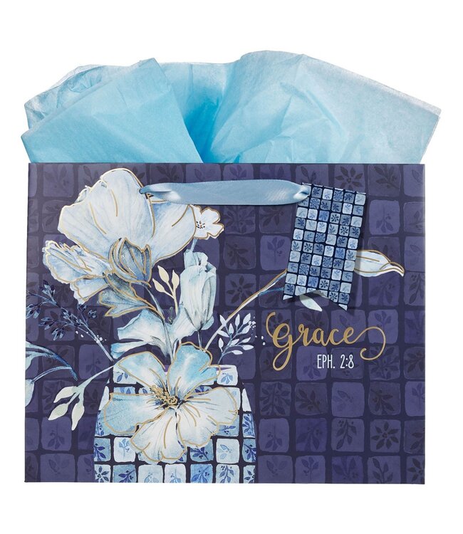 Grace Blue Floral Tile Large Landscape Gift Bag - Ephesians 2:8 | 禮物袋——大