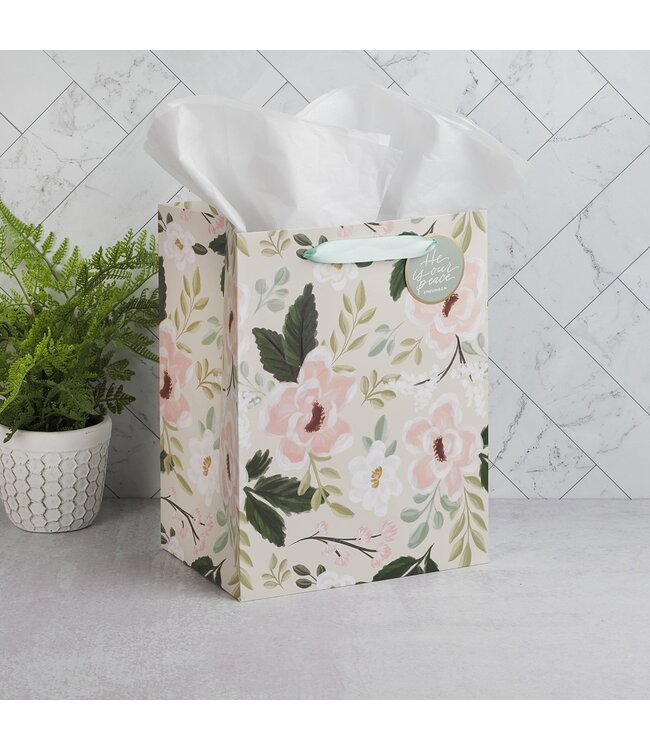 He is Our Peace Green Floral Large Portrait Gift Bag - Ephesians 2:14 | 禮物袋——大