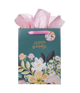 Christian Art Gifts Happy Birthday Teal Floral Large Portrait Gift Bag | 生日禮物袋——大