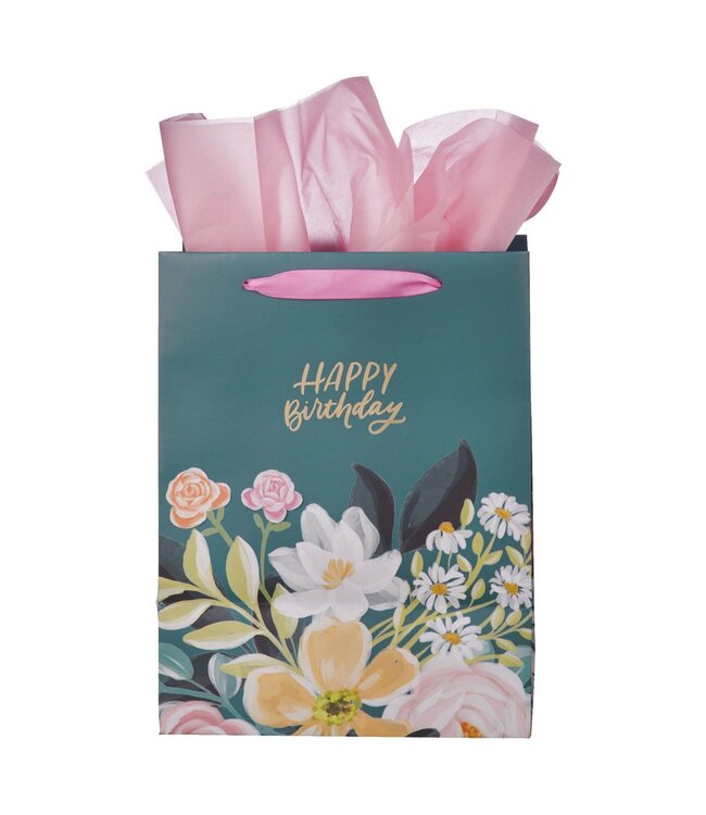 Happy Birthday Teal Floral Large Portrait Gift Bag | 生日禮物袋——大