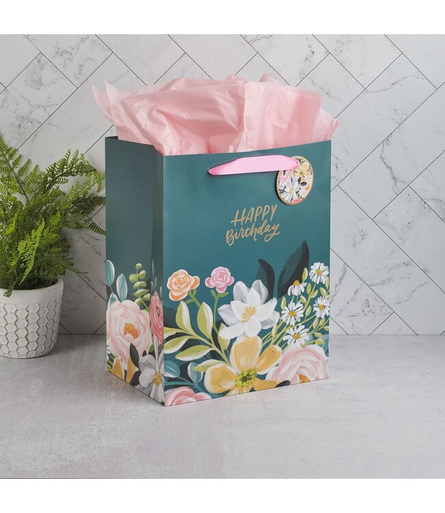 Happy Birthday Teal Floral Large Portrait Gift Bag | 生日禮物袋——大