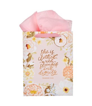 Christian Art Gifts Strength and Dignity Pink Floral Large Portrait Gift Bag - Proverbs 31:25 | 禮物袋——大