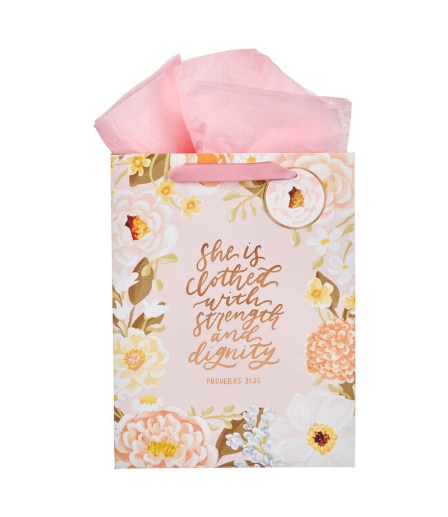 Strength and Dignity Pink Floral Large Portrait Gift Bag - Proverbs 31:25 | 禮物袋——大