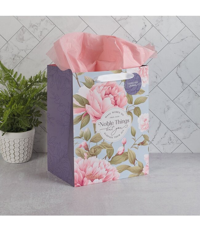 Noble Things Pink Peony Large Portrait Gift Bag - Proverbs 31:29 | 禮物袋——大