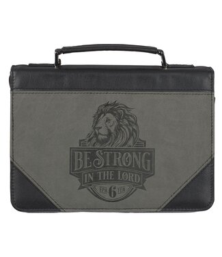Christian Art Gifts Be Strong in the Lord Black and Gray Lion Faux Leather Classic Bible Cover - Ephesians 6:10 | 仿皮拉鏈聖經套