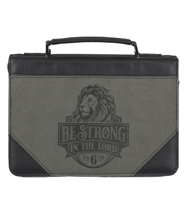 Be Strong in the Lord Black and Gray Lion Faux Leather Classic Bible Cover - Ephesians 6:10 | 仿皮拉鏈聖經套