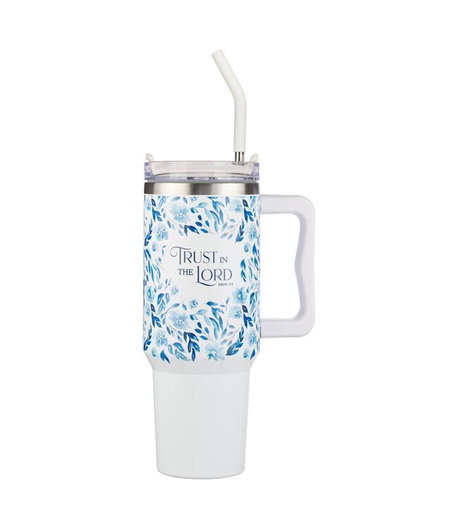 Trust in the Lord Blue Botany 40 oz Stainless Steel Travel Tumbler with Straw - Proverbs 3:5 | 40 盎司不鏽鋼旅行杯連吸管