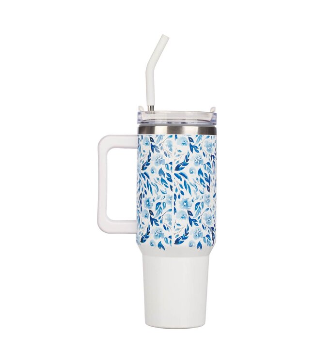 Trust in the Lord Blue Botany 40 oz Stainless Steel Travel Tumbler with Straw - Proverbs 3:5 | 40 盎司不鏽鋼旅行杯連吸管