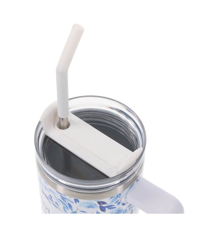 Trust in the Lord Blue Botany 40 oz Stainless Steel Travel Tumbler with Straw - Proverbs 3:5 | 40 盎司不鏽鋼旅行杯連吸管