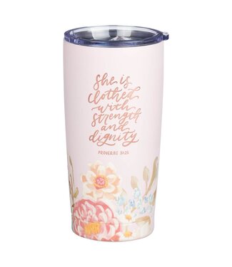 Christian Art Gifts Strength and Dignity Pink Floral Stainless Steel Travel Tumbler - Proverbs 31:25 | 不銹鋼旅行杯