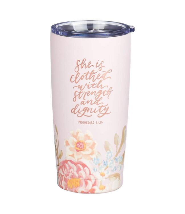Strength and Dignity Pink Floral Stainless Steel Travel Tumbler - Proverbs 31:25 | 不銹鋼旅行杯