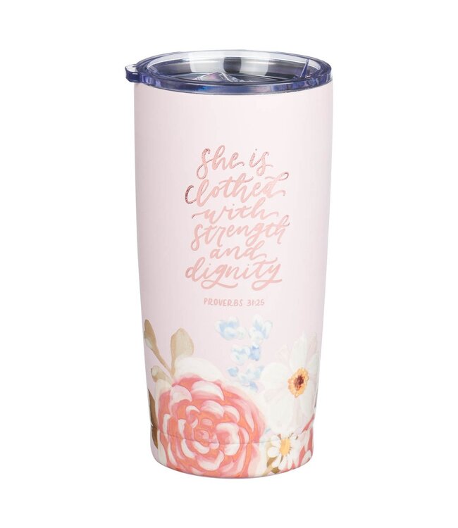 Strength and Dignity Pink Floral Stainless Steel Travel Tumbler - Proverbs 31:25 | 不銹鋼旅行杯