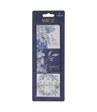 Christian Art Gifts Love, Grace, Faith Blue Floral Tile Magnet Set | 冰箱貼套裝