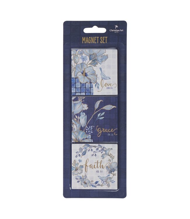 Love, Grace, Faith Blue Floral Tile Magnet Set | 冰箱貼套裝