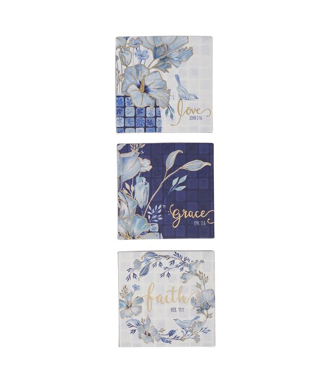 Love, Grace, Faith Blue Floral Tile Magnet Set | 冰箱貼套裝
