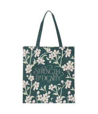 Christian Art Gifts Strength and Dignity Green Floral Reusable Non-woven Shopping Tote Bag - Proverbs 31:25 | 不織布環保袋