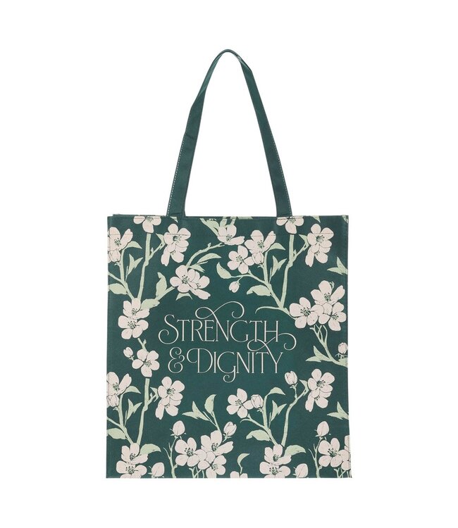 Strength and Dignity Green Floral Reusable Non-woven Shopping Tote Bag - Proverbs 31:25 | 不織布環保袋