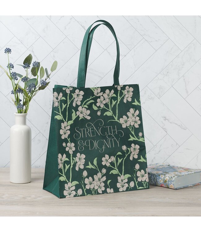 Strength and Dignity Green Floral Reusable Non-woven Shopping Tote Bag - Proverbs 31:25 | 不織布環保袋