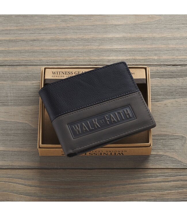 Walk by Faith Black and Gray Full Grain Leather Wallet - 2 Corinthians 5:7 | 真皮皮革錢包