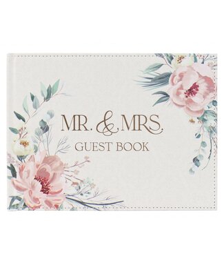 Christian Art Gifts Mr. & Mrs. Peachy-pink Floral Faux Leather Medium Wedding Guest Book - 1 John 4:19 | 仿皮中型婚禮嘉賓留言簿