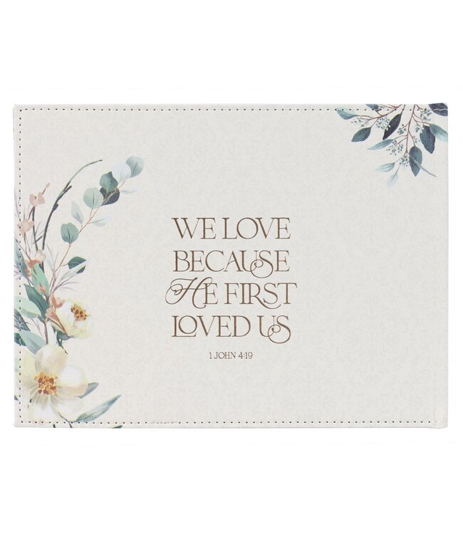 Mr. & Mrs. Peachy-pink Floral Faux Leather Medium Wedding Guest Book - 1 John 4:19 | 仿皮中型婚禮嘉賓留言簿