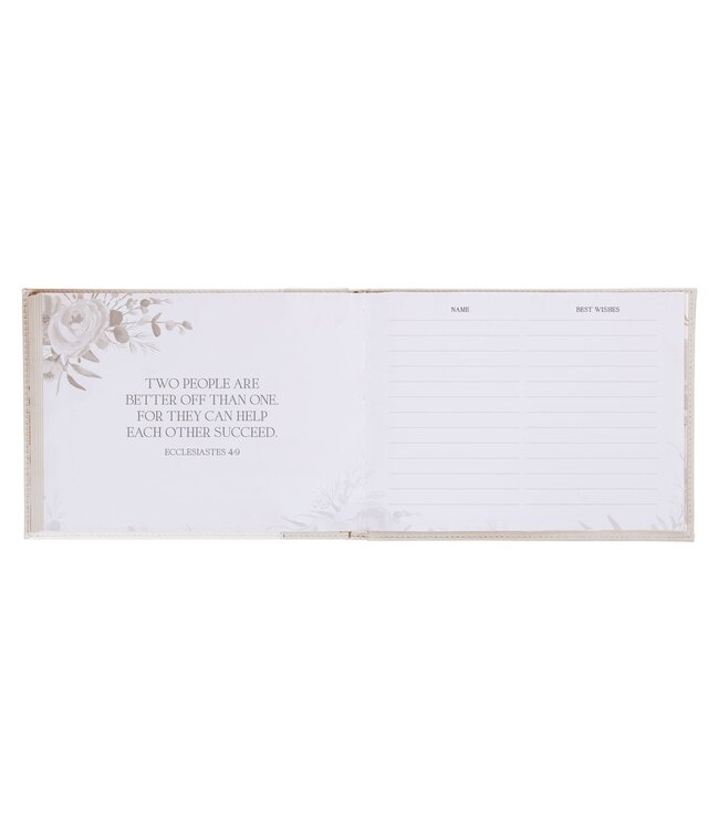Mr. & Mrs. Peachy-pink Floral Faux Leather Medium Wedding Guest Book - 1 John 4:19 | 仿皮中型婚禮嘉賓留言簿