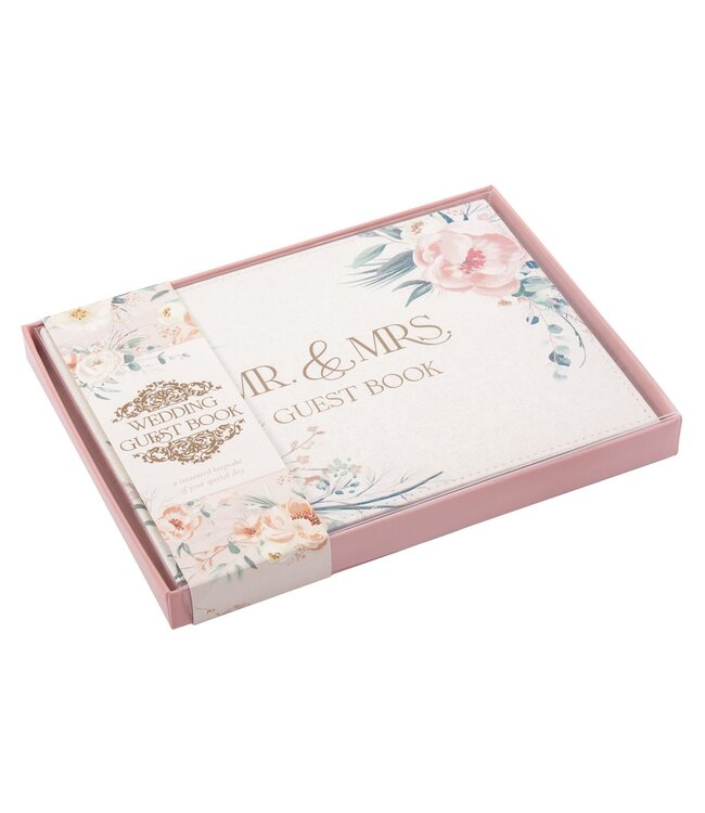 Mr. & Mrs. Peachy-pink Floral Faux Leather Medium Wedding Guest Book - 1 John 4:19 | 仿皮中型婚禮嘉賓留言簿