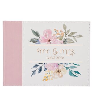 Christian Art Gifts Pink Floral Mr. & Mrs. Medium Faux Leather Wedding Guest Book - 1 John 4:19 | 仿皮婚禮嘉賓留言簿