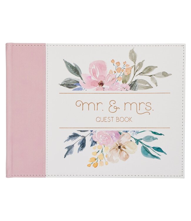Pink Floral Mr. & Mrs. Medium Faux Leather Wedding Guest Book - 1 John 4:19 | 仿皮婚禮嘉賓留言簿