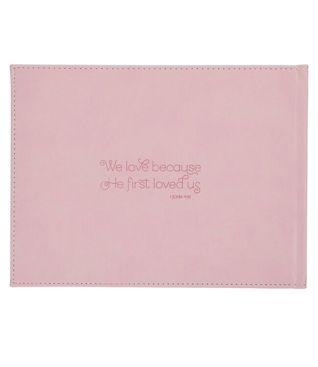 Pink Floral Mr. & Mrs. Medium Faux Leather Wedding Guest Book - 1 John 4:19 | 仿皮婚禮嘉賓留言簿