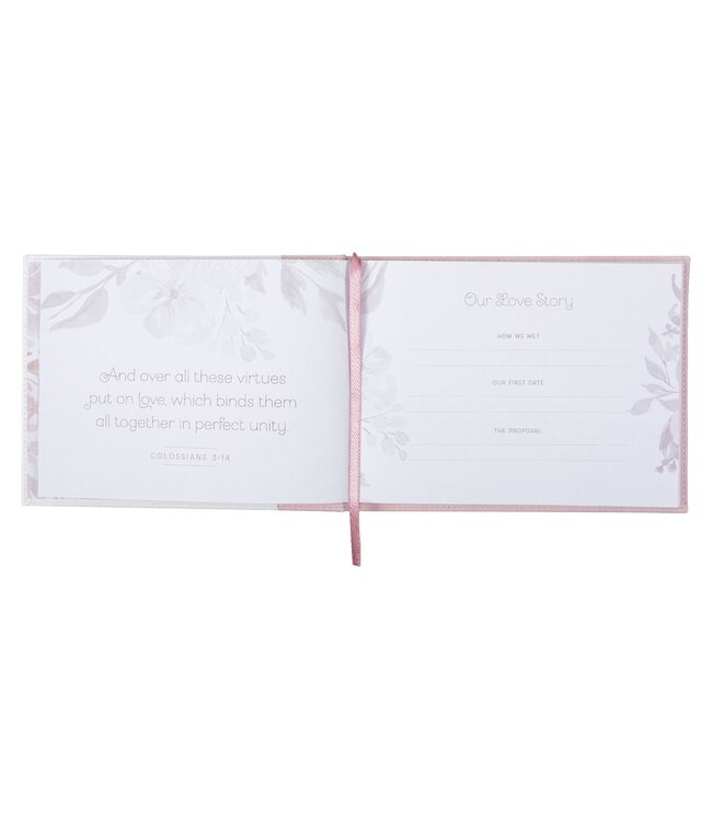 Pink Floral Mr. & Mrs. Medium Faux Leather Wedding Guest Book - 1 John 4:19 | 仿皮婚禮嘉賓留言簿