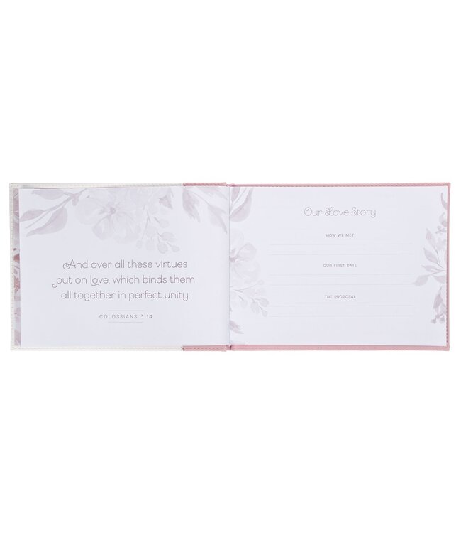 Pink Floral Mr. & Mrs. Medium Faux Leather Wedding Guest Book - 1 John 4:19 | 仿皮婚禮嘉賓留言簿