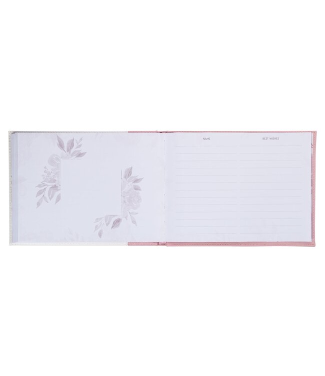 Pink Floral Mr. & Mrs. Medium Faux Leather Wedding Guest Book - 1 John 4:19 | 仿皮婚禮嘉賓留言簿