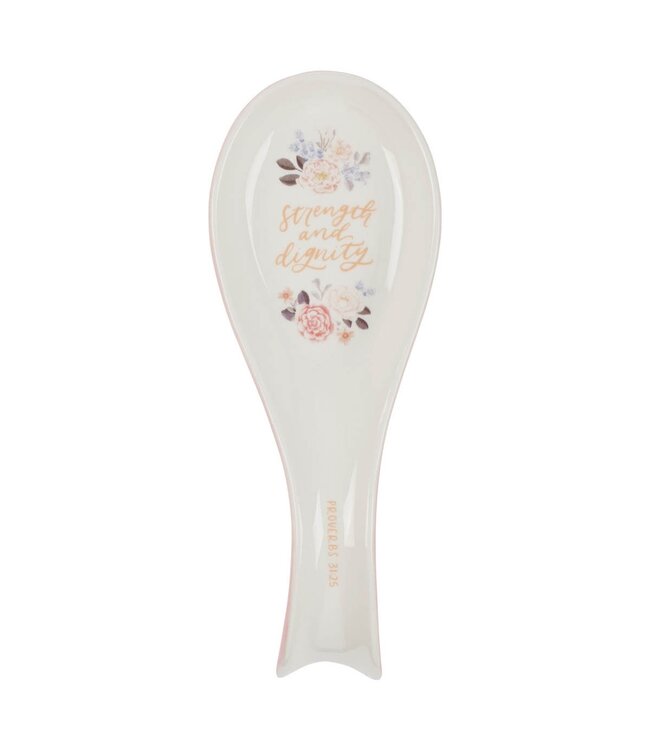 Strength and Dignity Pink Floral Ceramic Spoon Rest - Proverbs 31:25 | 陶瓷湯匙托