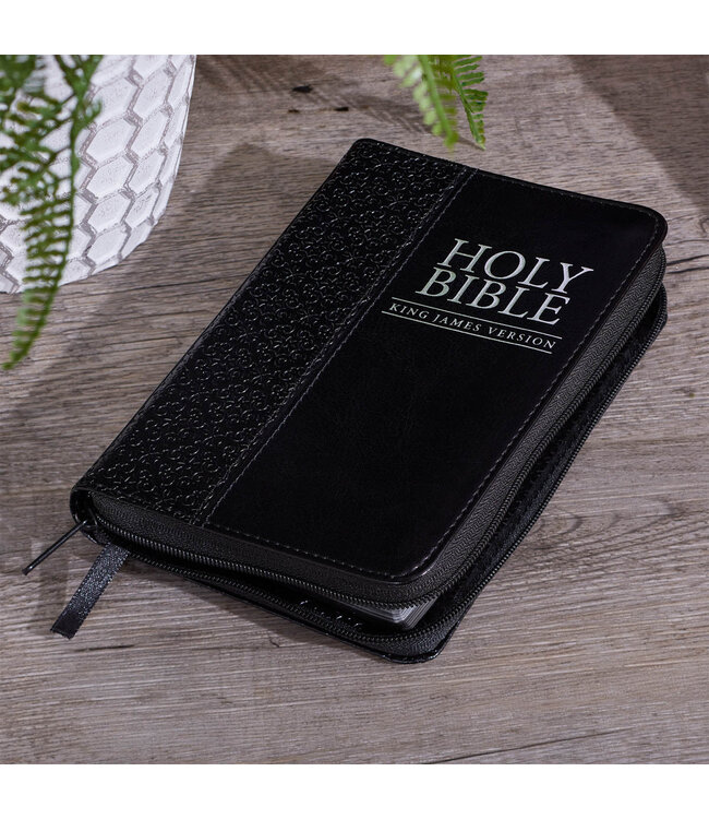 Black Faux Leather King James Version Pocket Bible with Zippered Closure