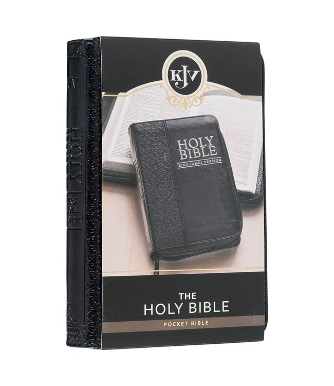 Black Faux Leather King James Version Pocket Bible with Zippered Closure
