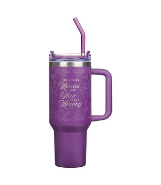 Christian Art Gifts New Mercies Purple Floral 40 oz Stainless Steel Tumbler with Straw - Lamentations 3:22-23 | New Mercies Purple Floral | 40 盎司不銹鋼隨行杯（附吸管）